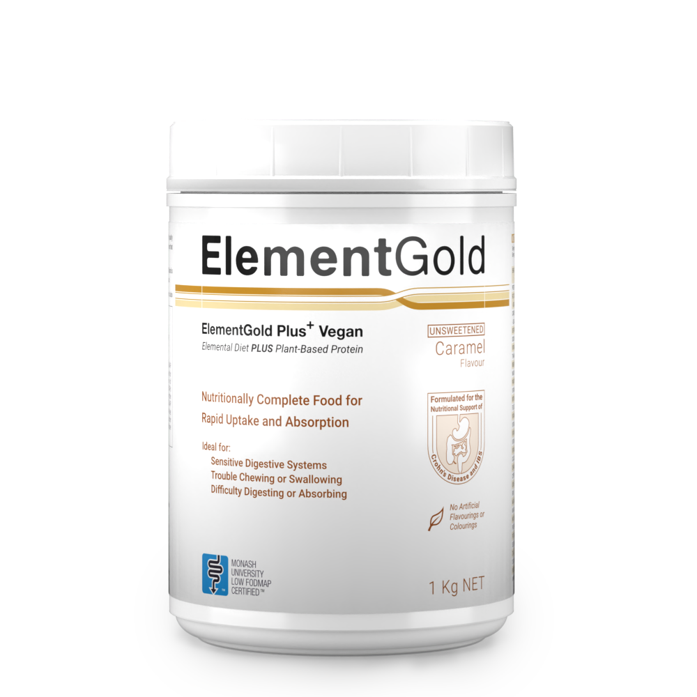 1Kg tub of ElementGold Plus Vegan, Unsweetened Caramel Flavour
